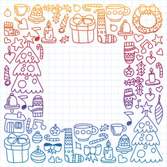 Fototapeta premium Vector set of Christmas, holiday icons in doodle style. Painted, colorful, gradient, on a sheet of checkered paper on a white background.