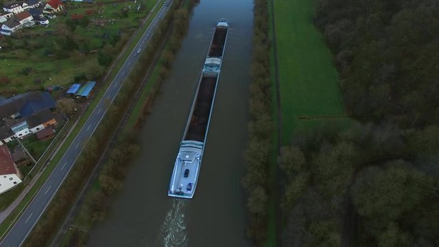 Aerial view of a cargo vessel on Saar River near Serrig, Saar Valley, Rhineland-Palatinate, Germany, Europe