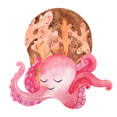 Watercolor illustration with cute whaley, octopus, narwhal and dolphin, leaves and flowers  © марина васильева