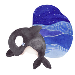 Watercolor illustration with cute whaley, octopus, narwhal and dolphin, leaves and flowers  © марина васильева