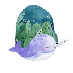 Watercolor illustration with cute whaley, octopus, narwhal and dolphin, leaves and flowers  - obrazy, fototapety, plakaty