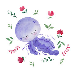 Watercolor illustration with cute whaley, octopus, narwhal and dolphin, leaves and flowers  © марина васильева