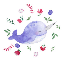 Watercolor illustration with cute whaley, octopus, narwhal and dolphin, leaves and flowers  © марина васильева