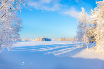 Fototapeta na wymiar Cold winter day landscape from Sotkamo, Finland.