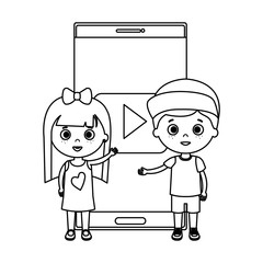 little kids students couple with smartphone