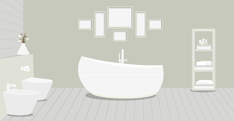 Fototapeta na wymiar Provencal style bathroom with a fashionable bath,toilet, bidet, toilet paper,vase with snowdrops,a rack for towels and cosmetics, paintings on grey wall. Wooden planks on the floor.Vector illustration