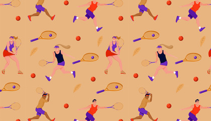 Seamless pattern with tennis players and equipments. Tennis racquet, ball and leave. Vector flat illustration for textile, print, postcard, invitation, poster, background, book, t-shirt.
