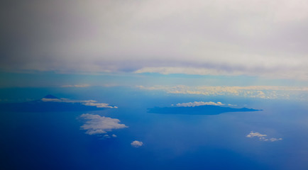 Aerial panoramic view to Pico and Faial islands, Azores, Portugal