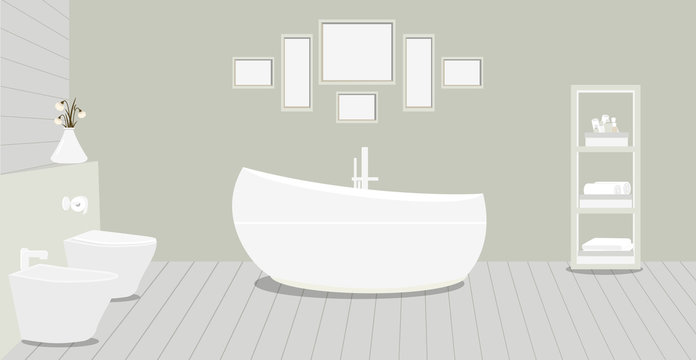 Provencal style bathroom with a fashionable bath,toilet, bidet, toilet paper,vase with snowdrops,a rack for towels and cosmetics, paintings on grey wall. Wooden planks on the floor.Vector illustration