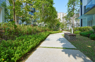 walk way of modern residential buildings, Facade of new low-energy houses .