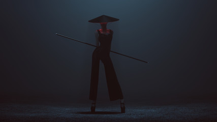 Futuristic Asian Demon Assassin in a Corset and Pant Suit with a Staff and Conical Hat 3d illustration 3d render  © paul