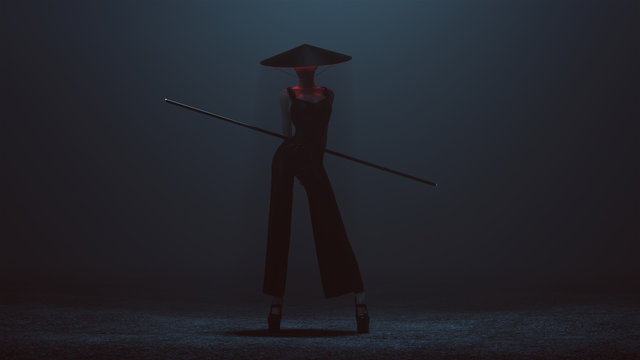 Futuristic Asian Demon Assassin in a Corset and Pant Suit with a Staff and Conical Hat 3d illustration 3d render 