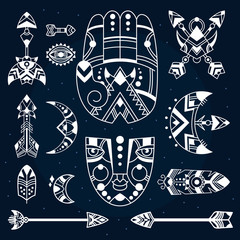Boho symbols vector illustration, bohemian decorative objects, hamsa palm, mask, feathers, crescents, tribal arrows. Boho tattoo. Bohemian print design. Dark background.