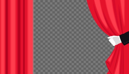 Hand in white glove open red curtain. Vector illustration