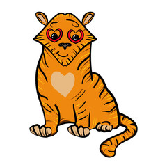 Tiger - wild cat with a heart on his chest. Valentine's Day. Bright vector illustration. The sweet feeling of love.  Vector