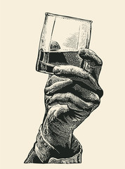 Male hand holding glass whiskey. hand drawn design element. engraving style. vector illustration - obrazy, fototapety, plakaty