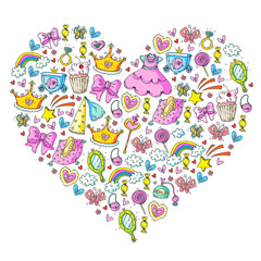 Princess birthday party for little girls. Kindergarten, school children picture. Illustration for children with castle, fairy, dress, crown.