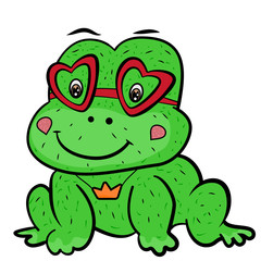 A cute cartoon frog prince fairy tale with glasses in shape of heart and the decoration of the crown pendant. Valentine's Day. Little cute green frog smiles. The sweet feeling of love. 