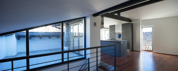 Panorama of modern open space in loft
