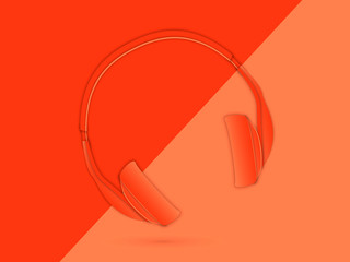 Fashionable coral headphones on coral background close-up, top view. The color of the year 2019 Live Coral. 3D vector illustration. Paper cut out style.