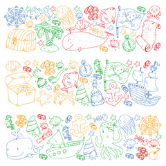 Ocean and sea for children. Cartoon illustration with water creatures. Cute fishes, animals, treasures. Kids vacation pattern, beach toys and elements.