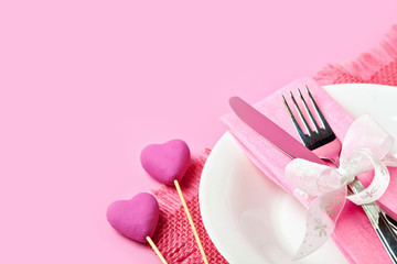 Romantic holiday table setting. Selective focus. Horizontal. Top view. Background with copy space.