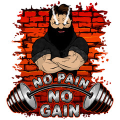 Vector illustration of a barbell and a strongman on a brick wall background. No pain No gain