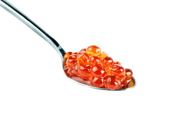 Red caviar in the silver spoon. Isolated object on white background. Close up.