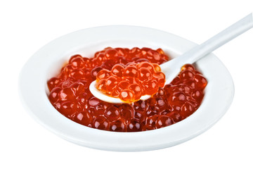 Red caviar in a glass container. Isolated object on white background.