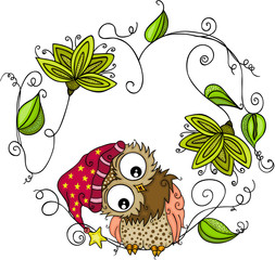 Cute owl with green leaves shaped heart