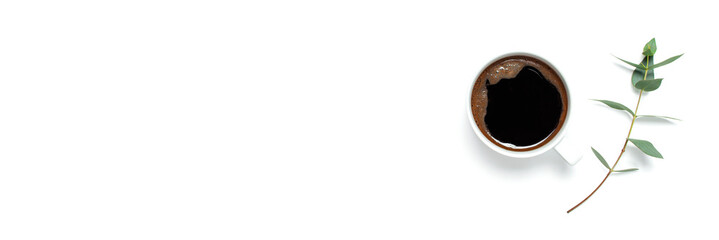 Cup of black coffee and green sprig of eucalyptus on white background. Flat lay, top view, copy space. Feminine desk workspace, morning breakfast, hot drink, coffee background
