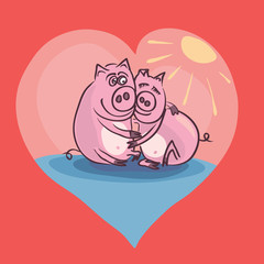  vector pair of pigs cuddling under the warming rays of the sun. rest of lovers