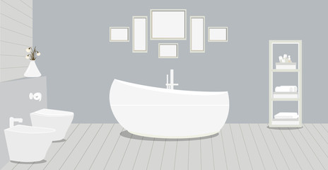 Naklejka na ściany i meble Provencal style bathroom with a fashionable bath,toilet, bidet, toilet paper,vase with snowdrops,a rack for towels and cosmetics, paintings on violet wall.Wooden planks on floor.Vector illustration