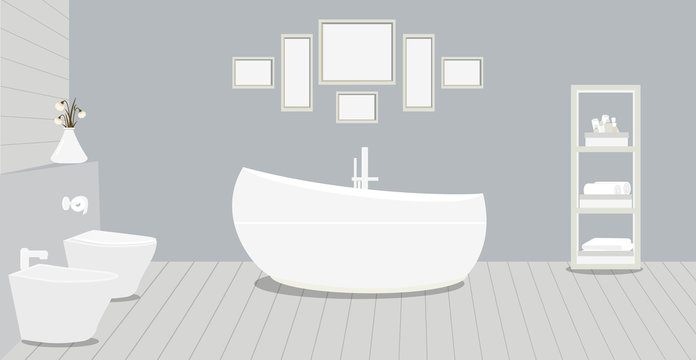 Provencal style bathroom with a fashionable bath,toilet, bidet, toilet paper,vase with snowdrops,a rack for towels and cosmetics, paintings on violet wall.Wooden planks on floor.Vector illustration