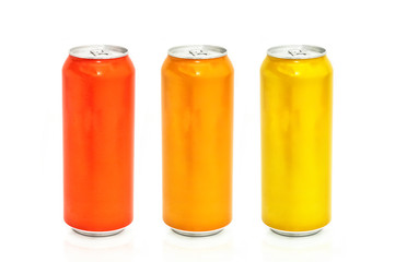 Three bright aluminum cans on a white background. Orange and yellow.