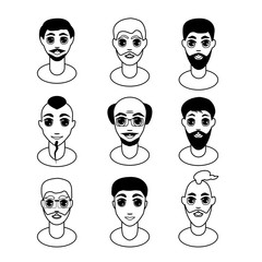 men faces set. black white vector illustration