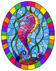 Illustration in stained glass style with a  fish seahorse on the background of water and algae,oval picture frame in bright © Zagory