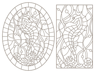 Set contour illustrations of stained glass with sea horses on a background of seaweed, rectangular and oval image