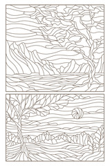 Set of contour illustrations of stained glass Windows with landscapes, dark contours on a white background