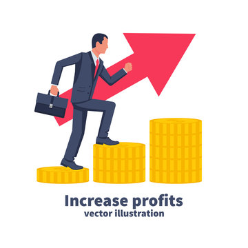 Increase profits concept. Vector illustration flat design. Isolated on white background. Businessman runs in piles of money. Increase investment income.