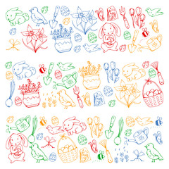 Fototapeta na wymiar Easter vector illustration. Spring design for patterns. Holiday decoration for greeting cards. Rabbit, bunny character, eggs, flowers, seasonal elements.