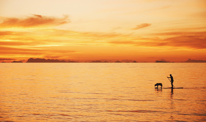 Man with dog on a sea in the sunrise. Thailand, Phangan