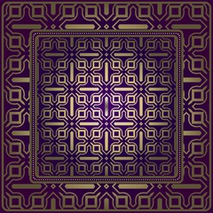 Decorative Ornament With Geometric Decoration. Symmetric Pattern . For Print Bandanna, Shawl, Tablecloth, Fabric Fashion, Scarf, Design. Purple, gold color
