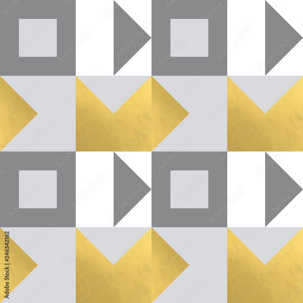 Poster Festive triangle and square geometric shapes background. Abstract mosaic vector seamless pattern in pastel and golden colors. Christmas , new year, carnival, party, celebration wrapping paper concept.