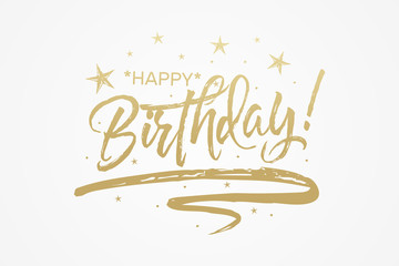 Obraz na płótnie Canvas Happy Birthday card. The text golden, bright, brilliant. Calligraphy banner. Vector graphics isolated background.