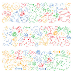 Pet shop. Vector illustration with animals, dog, cat, fish, Colorful background with kitten, bird, puppy. Veterinarian clinic.