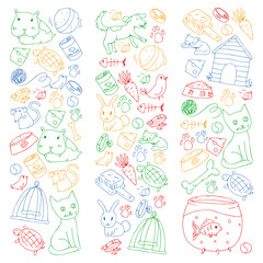Pet shop. Vector illustration with animals, dog, cat, fish, Colorful background with kitten, bird, puppy. Veterinarian clinic.