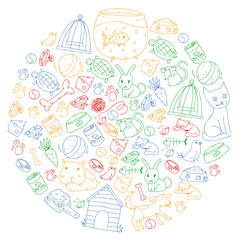 Pet shop. Vector illustration with animals, dog, cat, fish, Colorful background with kitten, bird, puppy. Veterinarian clinic.