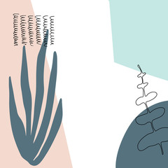 Creative abstract universal floral art poster in tropical style. Hand drawn textures, leaves and marks. Templates with place for your text.