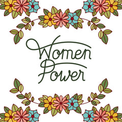 women power label with flowers frame icons